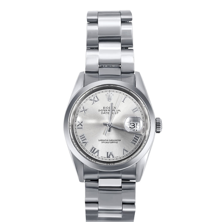 Pre - Owned 36mm Rolex Datejust Silver Roman Numeral Dial Stainless Steel with Papers - The Diamond Factory