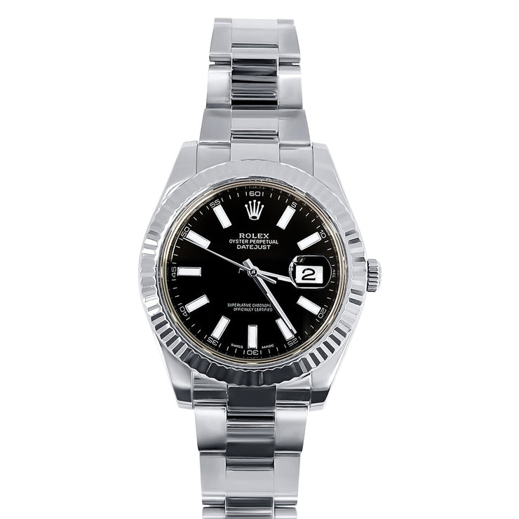 Pre - Owned 41mm Rolex Fluted Bezel and Black Dial Stainless Steel with Box and Card - The Diamond Factory