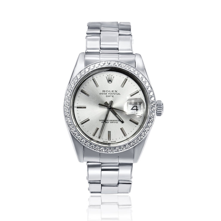 Pre - Owned Date Rolex Silver Dial and Diamond Bezel Stainless Steel Watch - The Diamond Factory