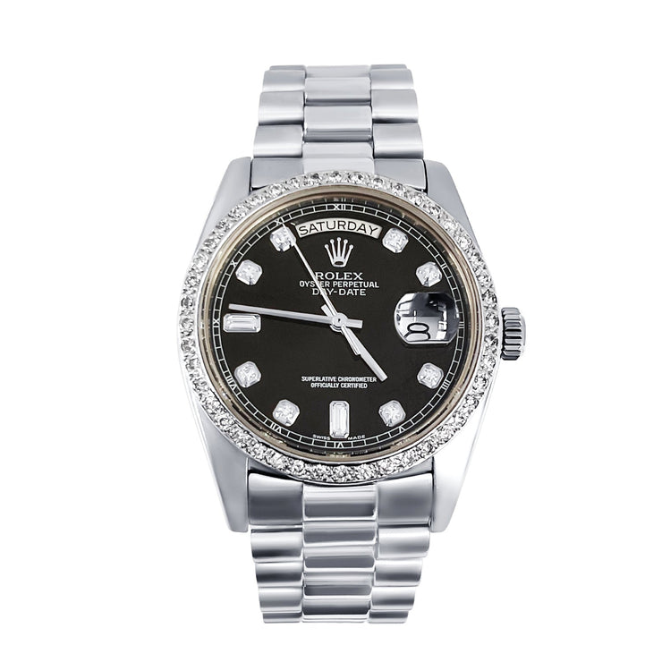 Pre - Owned Rolex 18K White Gold Diamond Bezel & Black Diamond Dial President Watch - The Diamond Factory