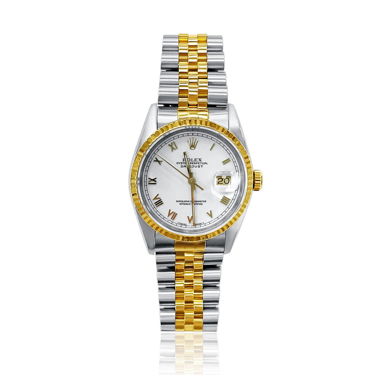 Pre - Owned Rolex 36MM White Dial and Gold Fluted Bezel Two - Tone Watch - The Diamond Factory