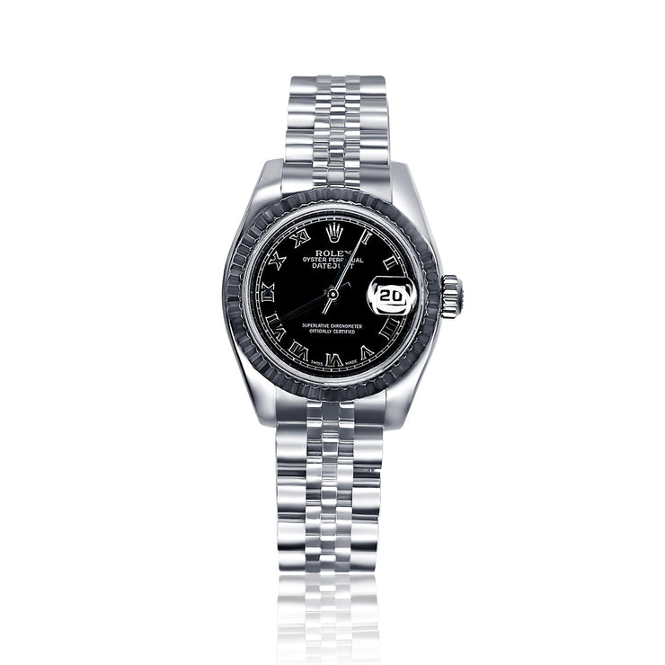 Pre - Owned Rolex Datejust with Black Roman Dial and Fluted Bezel Stainless Steel - The Diamond Factory