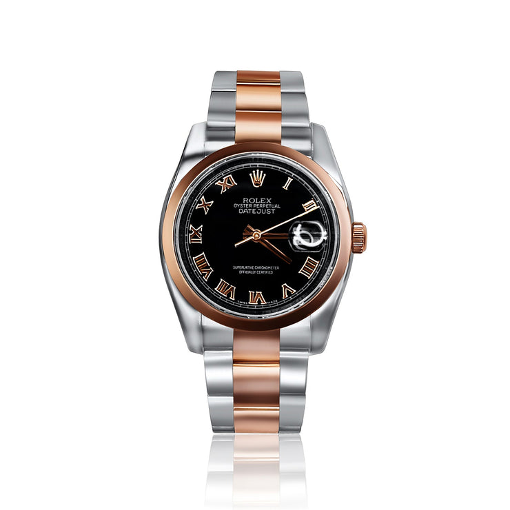 Pre - Owned Rolex Men's Datejust with Roman Black Dial Rose Gold - The Diamond Factory