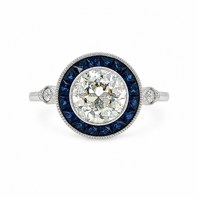 Round Cut Natural Diamond and Blue Sapphire Halo Ring