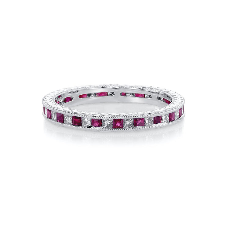 0.41 Cttw Princess Diamond and 0.50 Cttw Ruby Milgrain Chanel Set Scroll 18K White Gold Eternity Band - The Diamond Factory