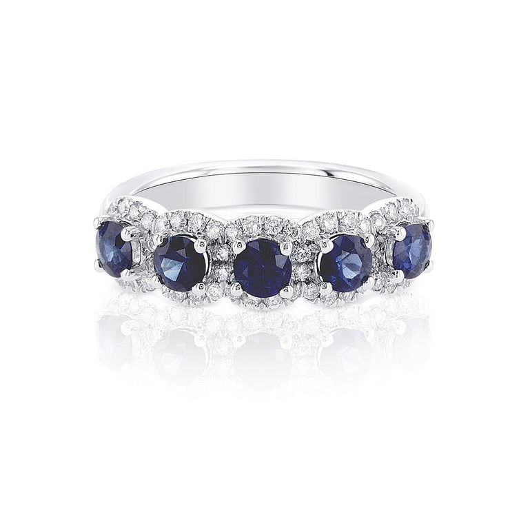 1.10 Carats Natural Diamond and Blue Sapphire Halo Five Stone Band - The Diamond Factory