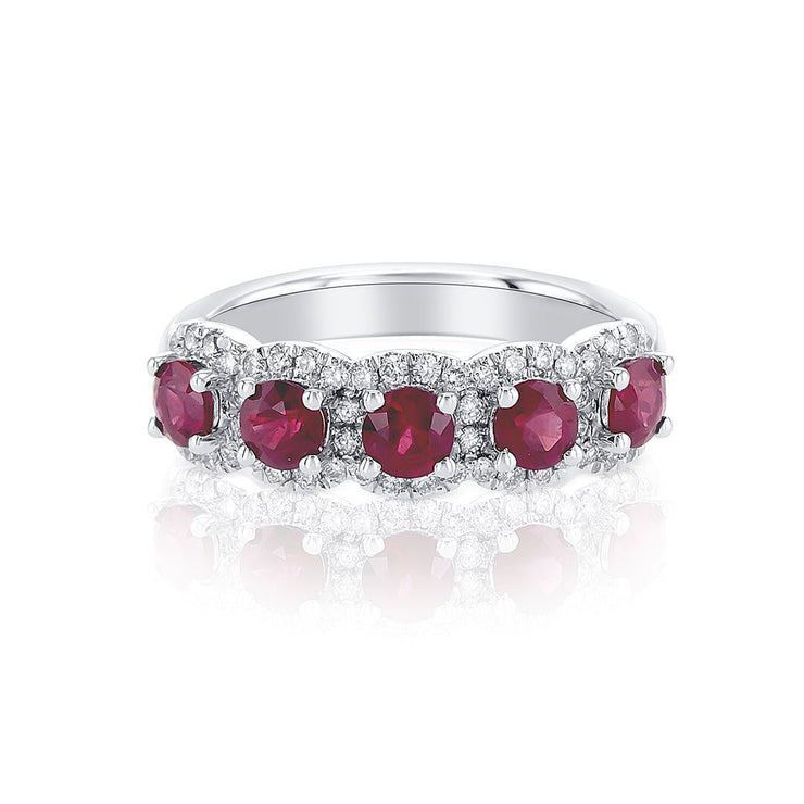 1.10 Carats Natural Diamond and Ruby Halo Five Stone Band - The Diamond Factory