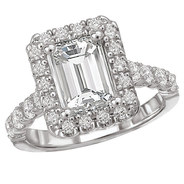 Emerald Cut 0.87 CT Round Diamond Halo Prong Set 14K White Gold Engagement Ring Setting