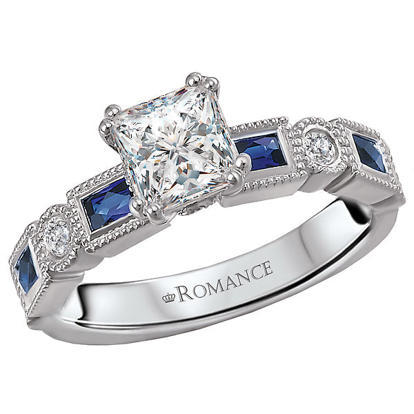 14K White Gold Princess Cut 0.12 CT Diamond and 0.50 CT Sapphire Engagement Ring Setting