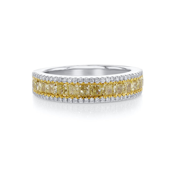 1.25 CT Princess Fancy Yellow Diamond and 0.22 CT Round Diamond 18K Two Tone Band - The Diamond Factory
