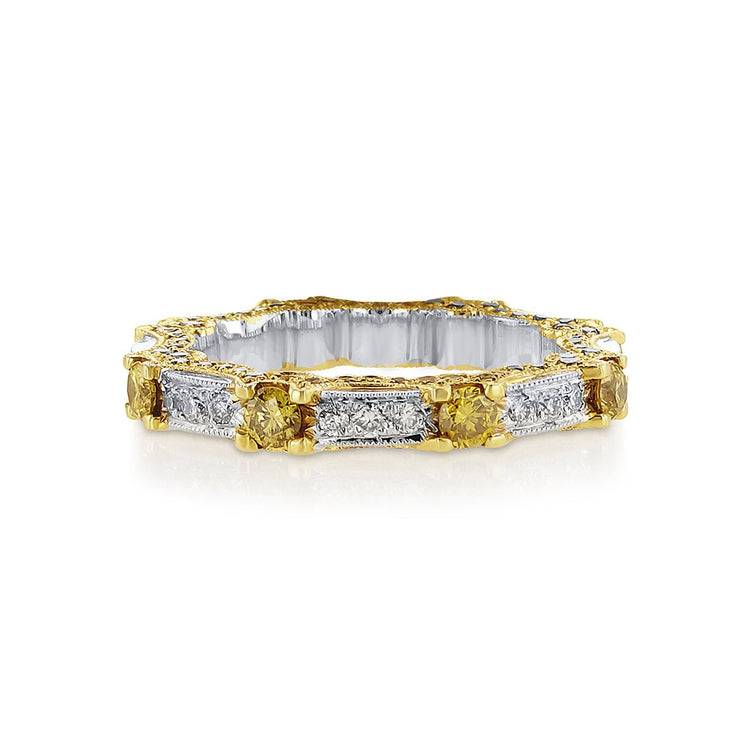 1.54 CT Round Diamond and Fancy Yellow Milgrain 18K Two Tone Gold Eternity Band - The Diamond Factory