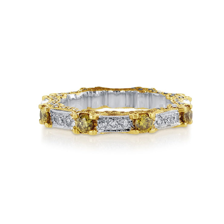 1.55 CT Round Fancy Yellow and Diamond Milgrain 18K Two Tone Gold Eternity Band - The Diamond Factory