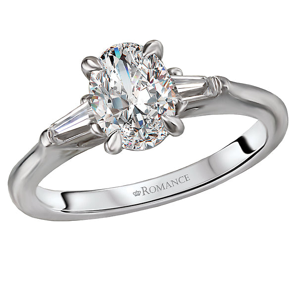 14K White Gold Oval Cut 0.12 CT Baguette Diamond Three Stone Engagement Ring Setting
