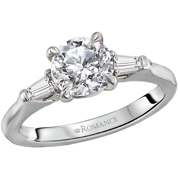 14K White Gold Round Diamond 0.12 CT Baguette Three Stone Engagement Ring Setting