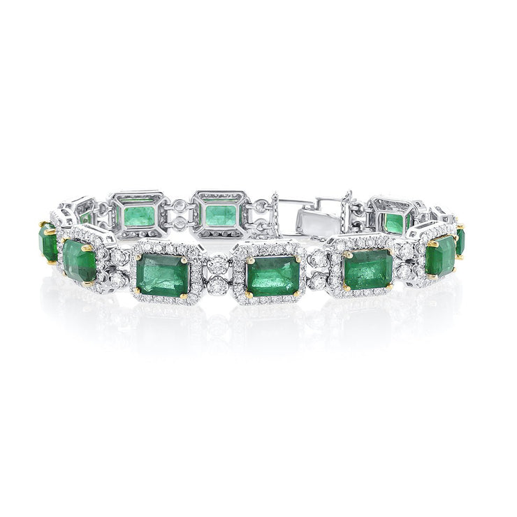 17.21 Carat Emerald & 4.28 Carat Halo in 14K White & Yellow Gold Bracelet - The Diamond Factory