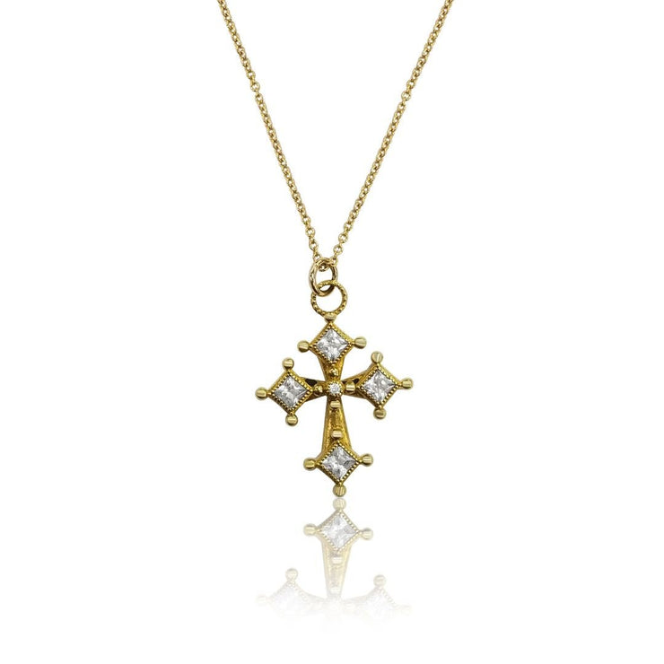 18K Yellow Gold Colored Stone Milgrain Cross Estate Pendant - The Diamond Factory
