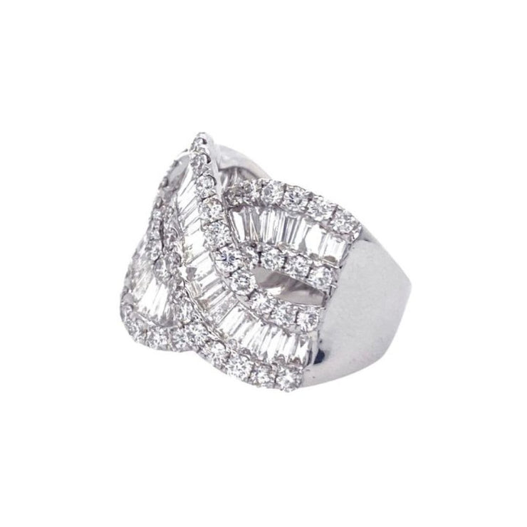 14K White Gold Baguette And Round Diamond Wavy Fashion Ring