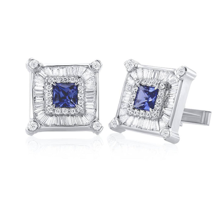 3.15 Cttw Tanzanite and 4.32 Cttw Baguette Diamond Halo 14K White Gold Estate Cufflinks - The Diamond Factory