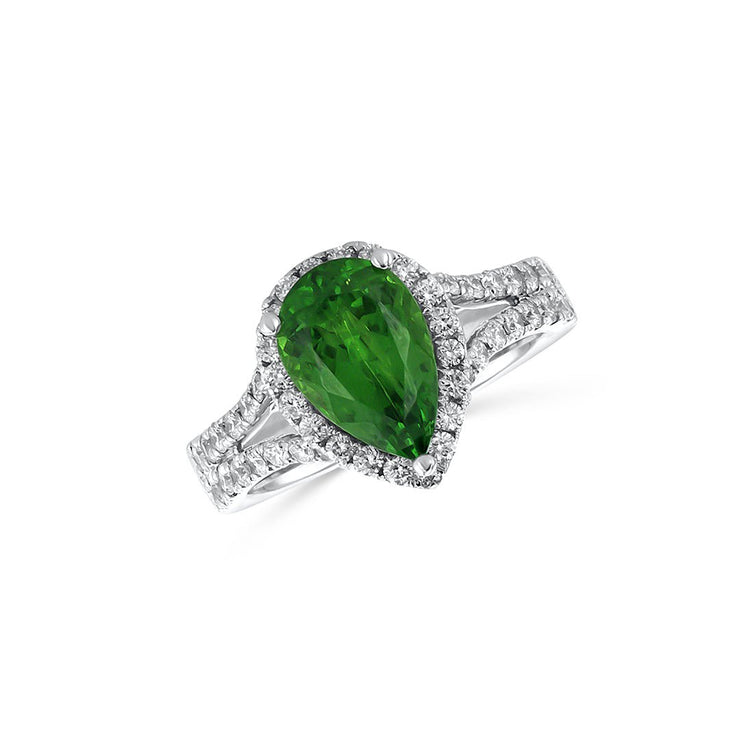 3.19 Carats Natural Diamond and Tsavorite Pear Shape Halo Ring - The Diamond Factory