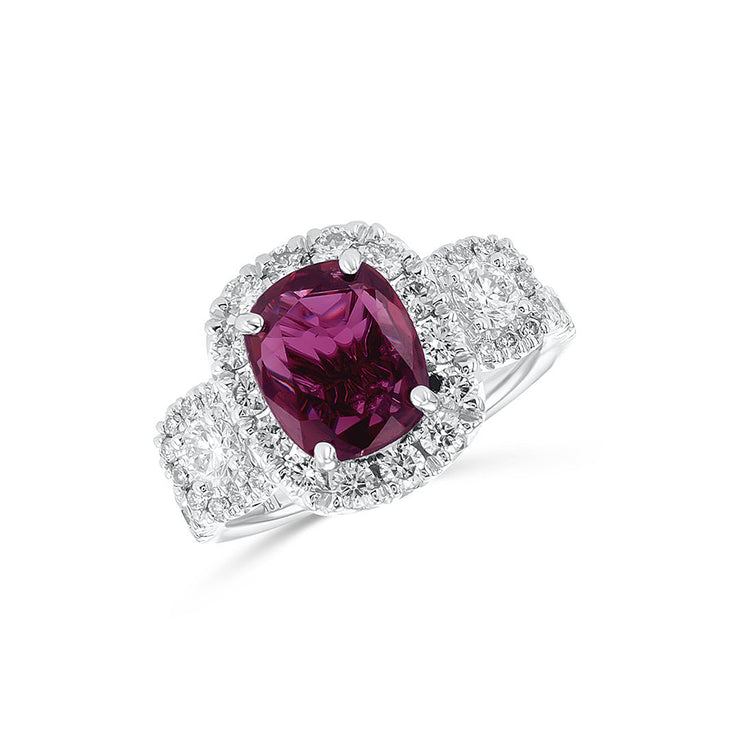 3.86 Carats Natural Diamond and Ruby Three Stone Halo Ring - The Diamond Factory