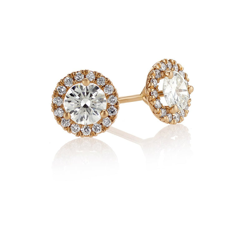 .53 Carat Round Diamond Halo Stud Earrings in 14K Rose Gold - The Diamond Factory