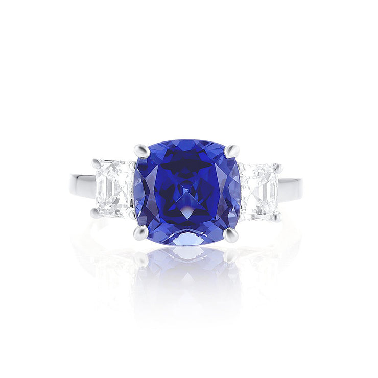5.71 Carats Lab Grown Cushion Blue Sapphire Three Stone Engagement Ring - The Diamond Factory