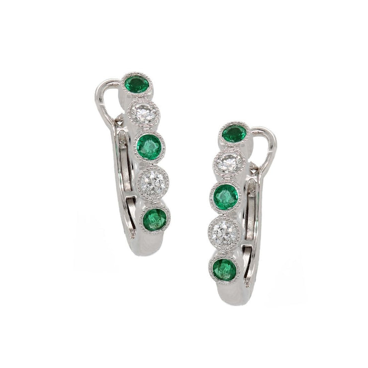 14K White Gold Emerald Gemstone & Diamond Huggie Earrings