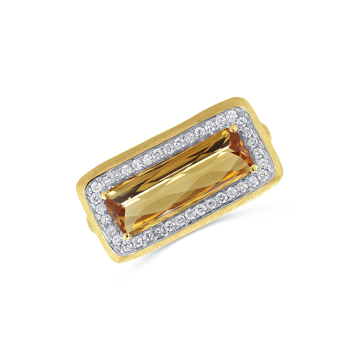 2.66 CT Criss-Cross Citrine and 0.24 Cttw Round Diamond East-West Halo Brushed 14K Yellow Gold Ring