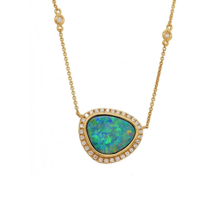 14K Yellow Gold Opal Gemstone & Diamond Halo Necklace