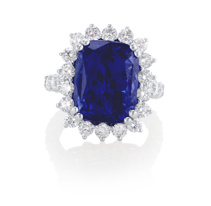 14.73 CT Cushion Cut Blue Sapphire and 3.03 Cttw Round Diamond Halo 18K White Gold Ring