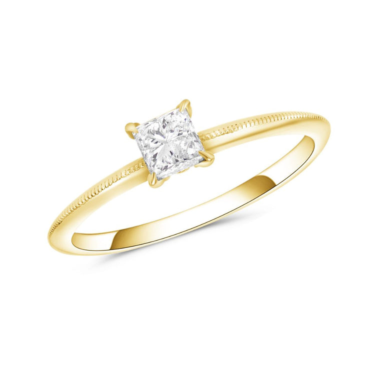 14K Yellow Gold Princess Diamond Solitaire Ring With Milgrain
