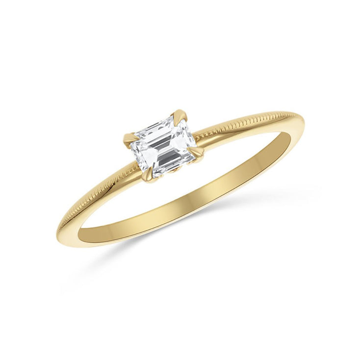 14K Yellow Gold Emerald Diamond Solitaire Ring With Milgrain
