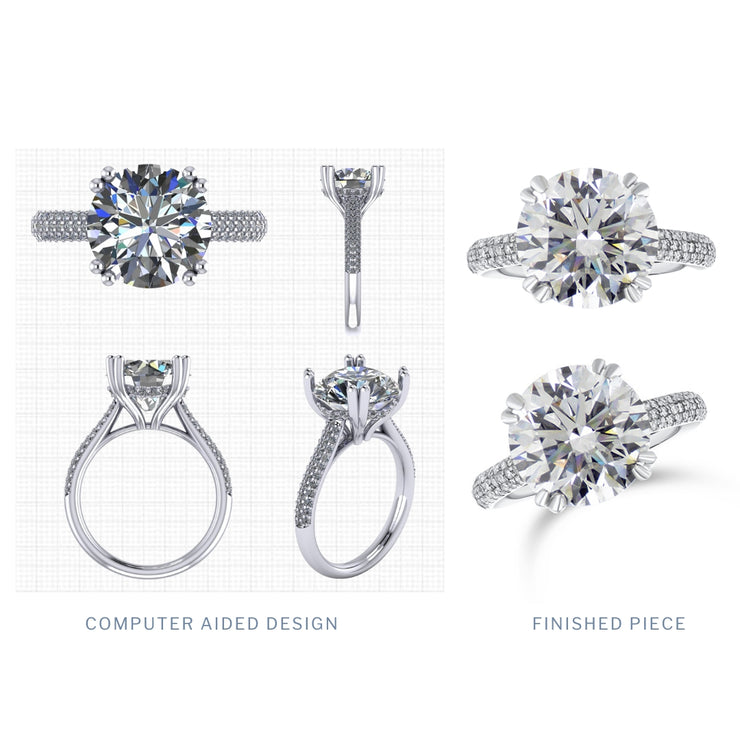 Custom Designed Engagement Ring with Round Diamond Pavé Platinum Band