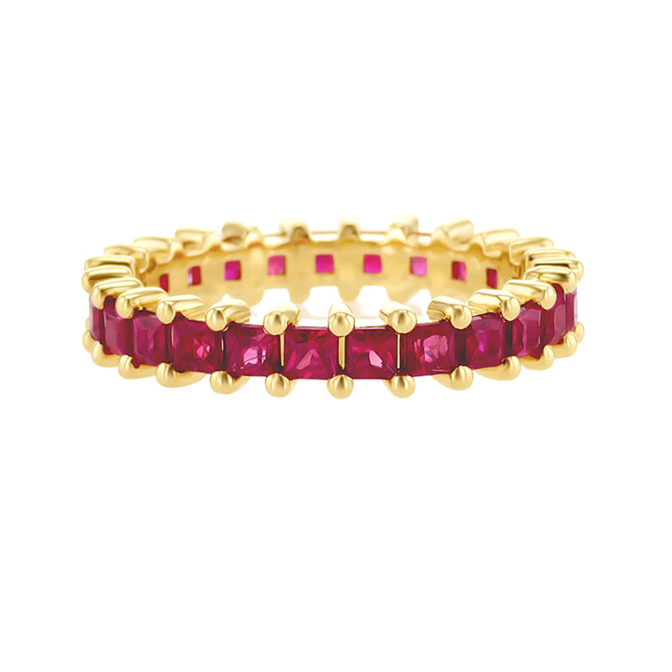 Custom Designed Fashion Ring with Princess Cut Rubies in an 18K Yellow Gold Eternity Band