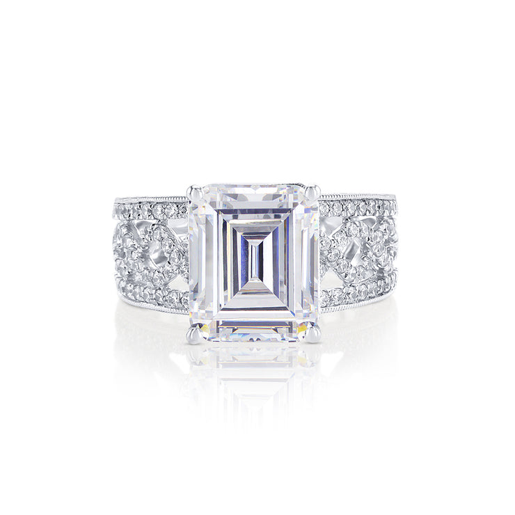 Emerald Cut 1.00 Cttw Round Diamond Lattis 18K White Gold Engagement Ring Setting