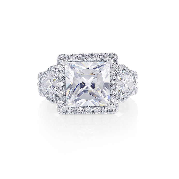 Princess Cut 1.44 Cttw Round Diamond Three Stone Halo 18K White Gold Engagement Ring Setting