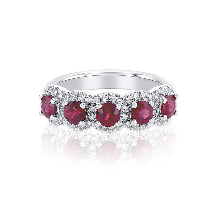 0.85 Cttw Round Ruby and 0.25 Cttw Diamond Halo 14K White Gold Band