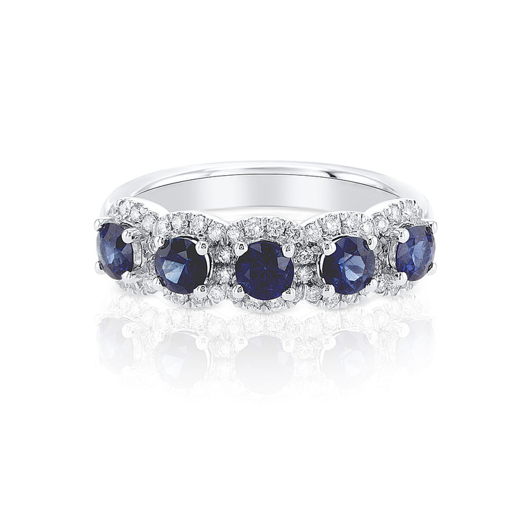 0.85 Cttw Round Sapphire and 0.25 Cttw Diamond Halo 14K White Gold Band