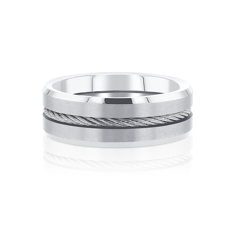 Men's High Polished Edge and Cable Inlay Brushed Tungsten Band