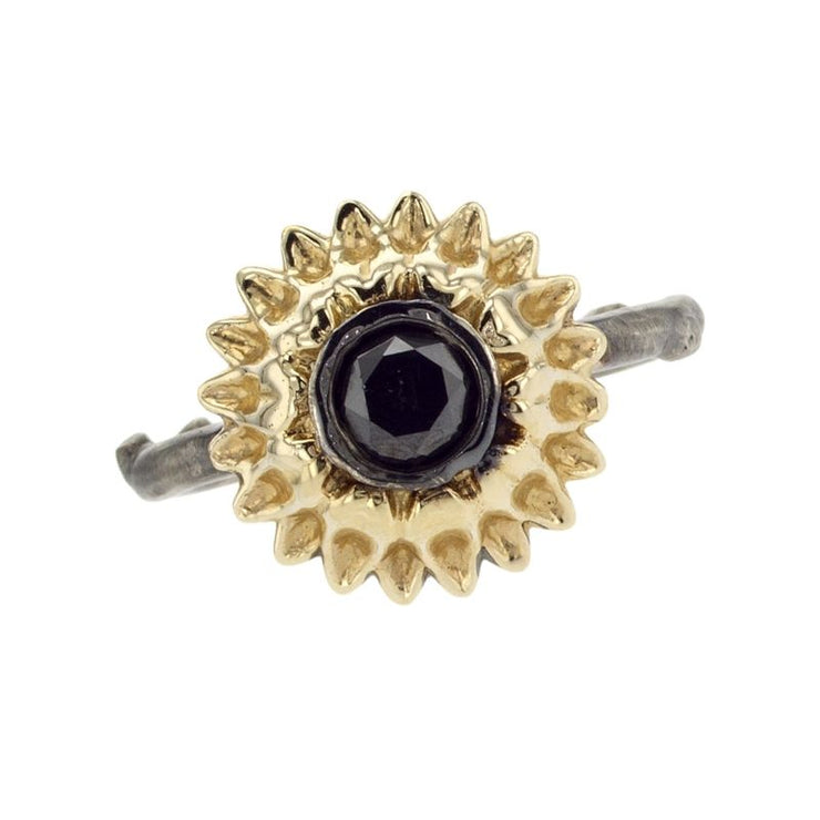 14K Yellow Gold 0.62 CT Black Diamond Antique Sunflower Ring