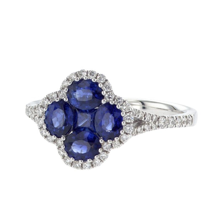 1.76 Cttw Blue Sapphire and 0.27 Cttw Diamond Halo Clover 18K White Gold Ring