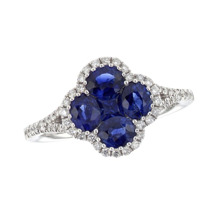 1.76 Cttw Blue Sapphire and 0.27 Cttw Diamond Halo Clover 18K White Gold Ring