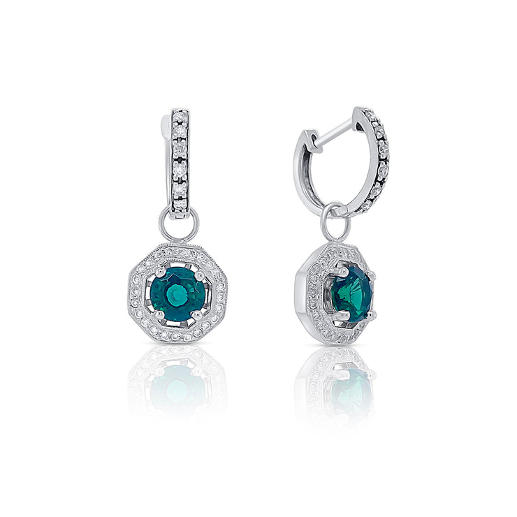 1.63 Cttw Round Lab Grown Emeralds and 0.60 Cttw Round Diamond Halo 14K White Gold Drop Earrings