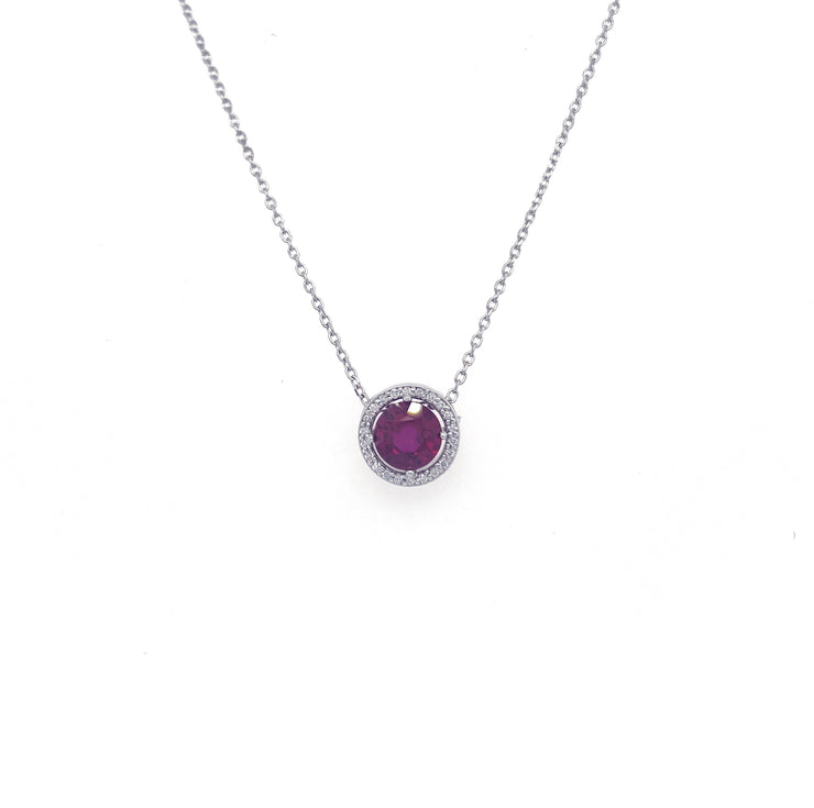 14K White Gold 1.00 CT Ruby and Round Diamond Halo 16" Necklace
