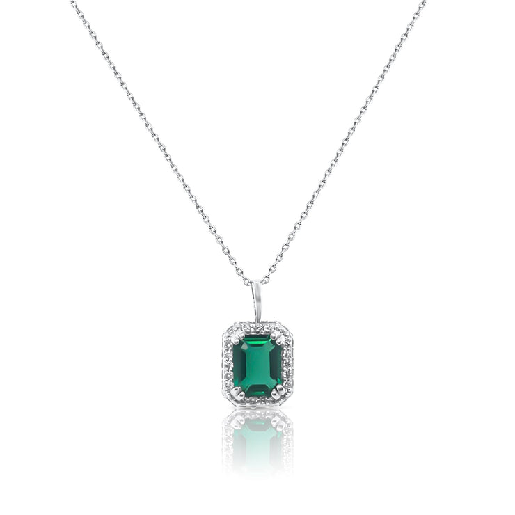 2.00 CT Lab Grown Green Emerald and 0.45 Cttw Diamond Halo Necklace 14K White Gold