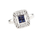 14K White Gold 0.30 CT Round Diamond and 0.15 CT Princess Cut Blue Sapphires Tile Vintage Style Estate Ring