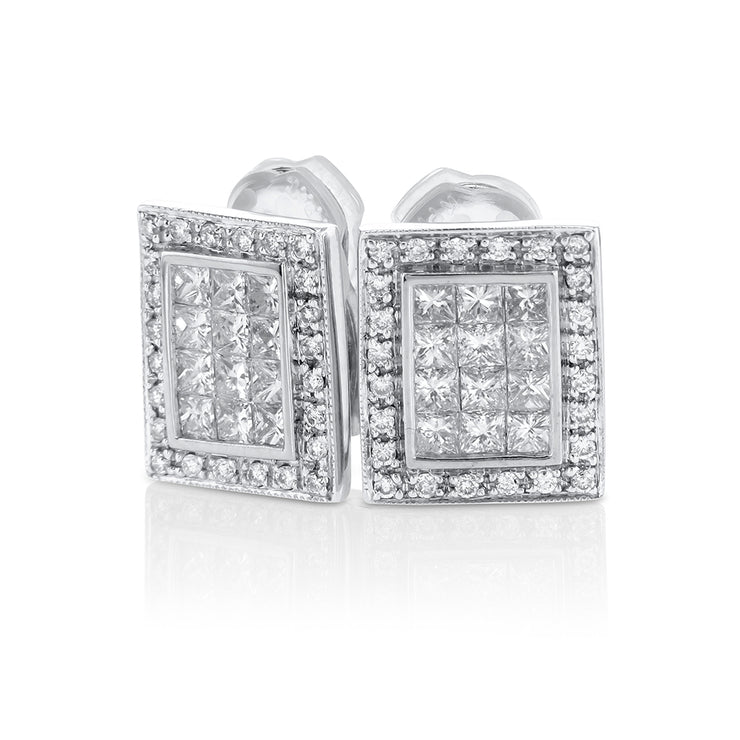 14K White Gold 2.00 CT Diamond Halo Stud Invisible-Set Earrings