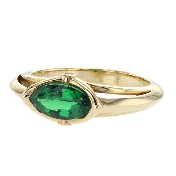 14K Yellow Gold 1.10 CT Lab Grown Emerald Gemstone Marquise and 0.02 CT Round Diamond East-West Ring