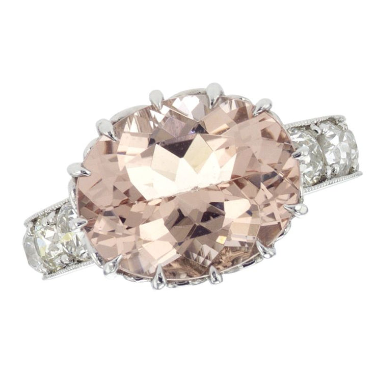 Platinum 5.79 CT Oval Morganite Colored Stone and 1.56 CT Old European-Cut Diamond Ring
