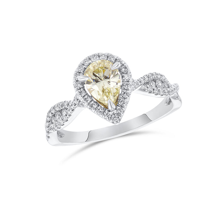 14K White Gold 1.00 CT Fancy Yellow Pear and 0.50 CT Diamond Halo Ring